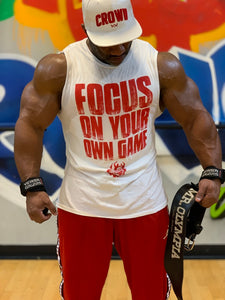 Unisex "FOCUS" Muscle Tank (White w/Red)