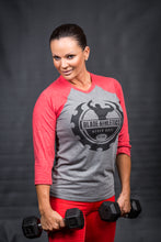 Load image into Gallery viewer, Unisex Baseball Tee w/Black Logo (Heather Gray/Red)