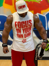 Load image into Gallery viewer, Unisex &quot;FOCUS&quot; Muscle Tank (White w/Red)