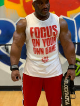 Load image into Gallery viewer, Unisex &quot;FOCUS&quot; Muscle Tank (White w/Red)